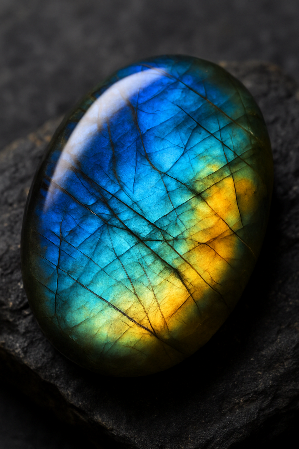 Close-up of a labradorite gemstone showing vivid blue, green, and gold flashes under soft light, highlighting its natural iridescence and texture.