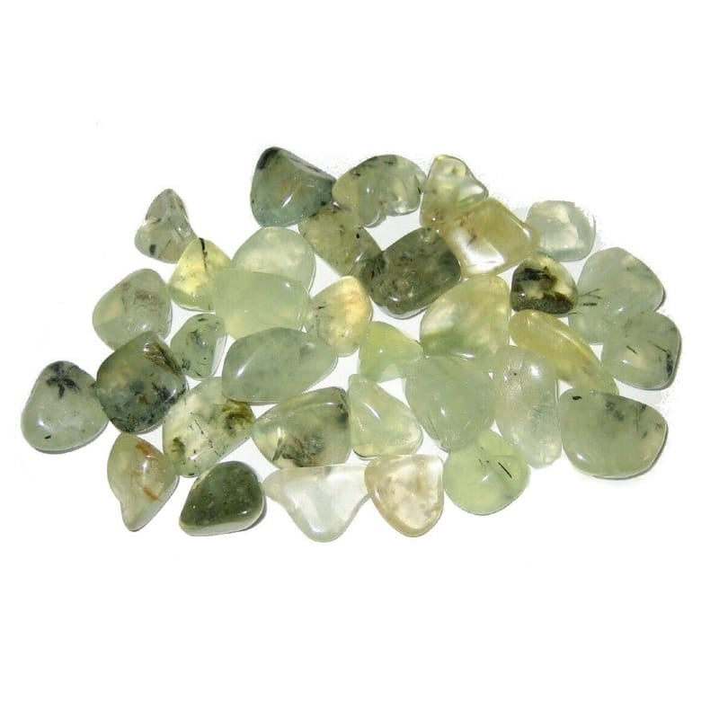 A collection of polished prehnite stones in soft green and yellow-green tones, with natural inclusions and a glossy finish, displayed on a clean white background.