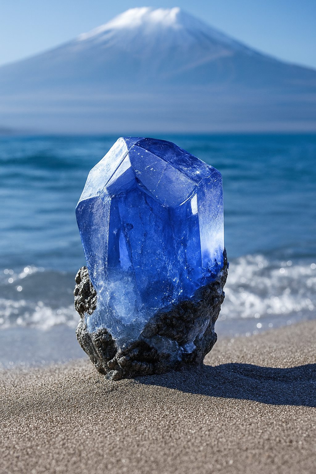 A vivid blue tanzanite crystal sparkling by the sea with a mountain in the background — symbolising the rare beauty and elegance of tanzanite jewellery loved in the UK.”