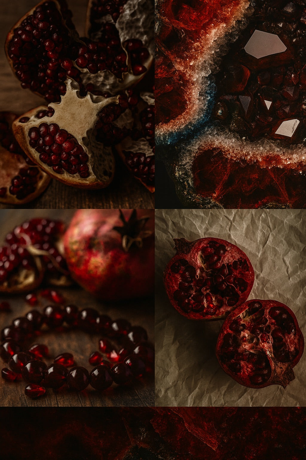  Red garnet gemstones compared with pomegranate seeds, symbolising the January birthstone