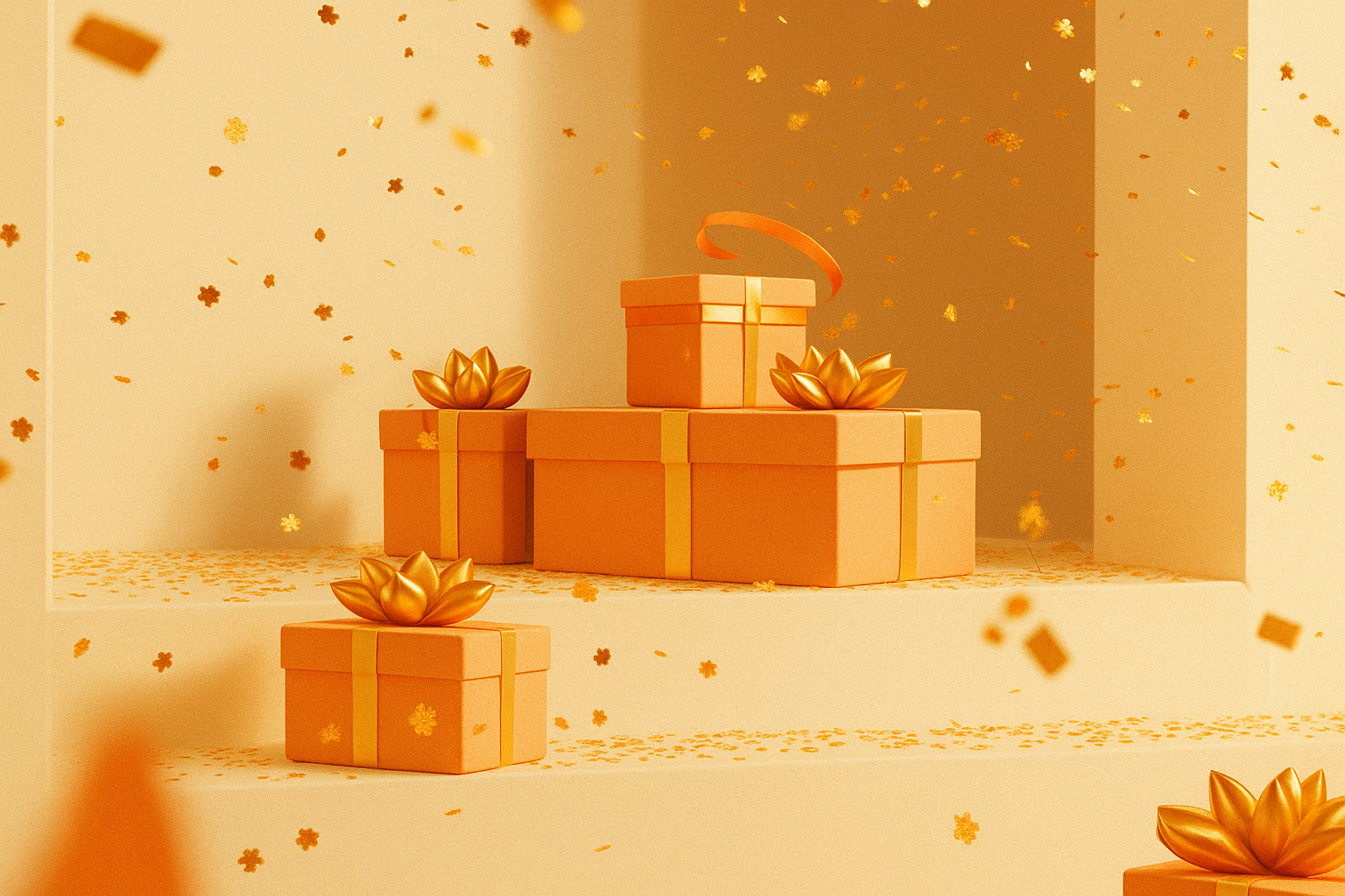 A warm, elegant scene featuring cream-orange and gold gift boxes adorned with golden bows