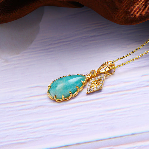 Amazonite Teardrop Vintage Pendant in Gold Plated Silver