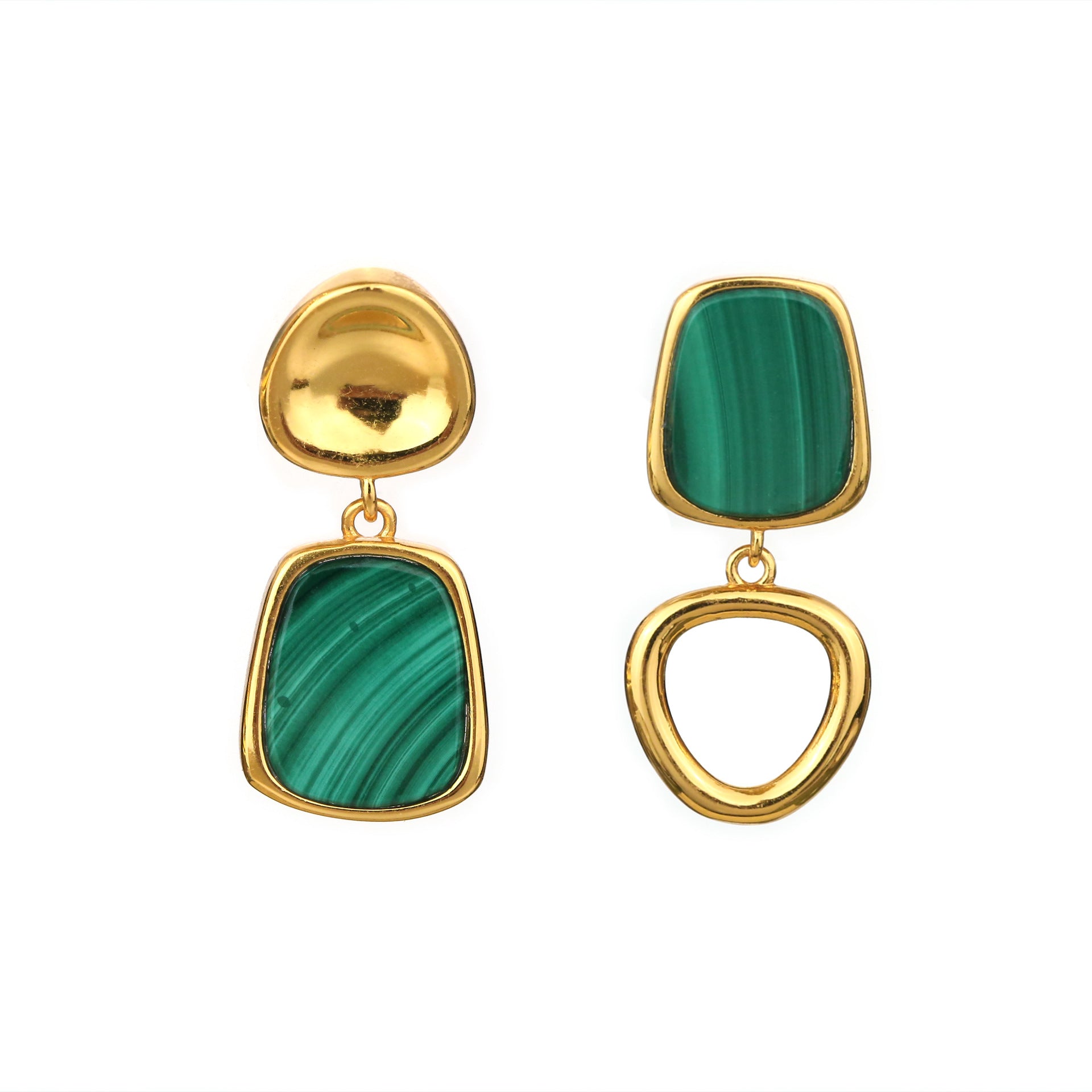Asymmetric malachite earrings in gold-plated sterling silver with green gemstones