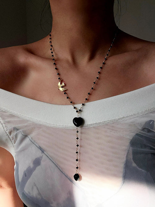 Black Onyx Heart Lariat Necklace