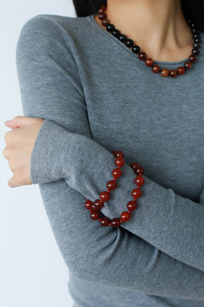 Caramel Agate Gradient Beaded Necklace｜Vintage Red & Black Statement Piece