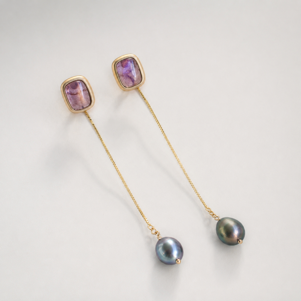 Convertible Purple Labradorite & Black Pearl Drop Earrings | Detachable Pearl, 925 Silver Gold-Plated