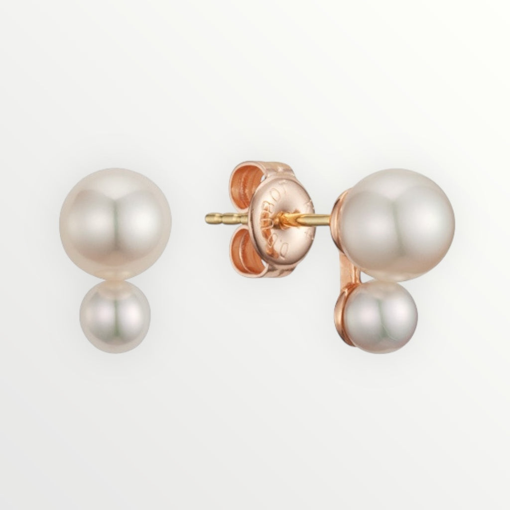 Double Pearl Stud Earrings – 925 Sterling Silver with 14K Rose Gold Plating
