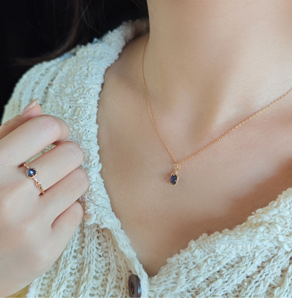 Dual-Layer Gem Pendant – Blue Goldstone & Quartz, 14K Gold Plated
