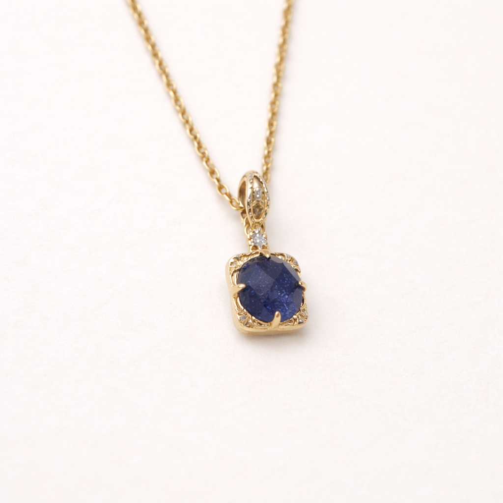 Dual-Layer Gem Pendant – Blue Goldstone & Quartz, 14K Gold Plated