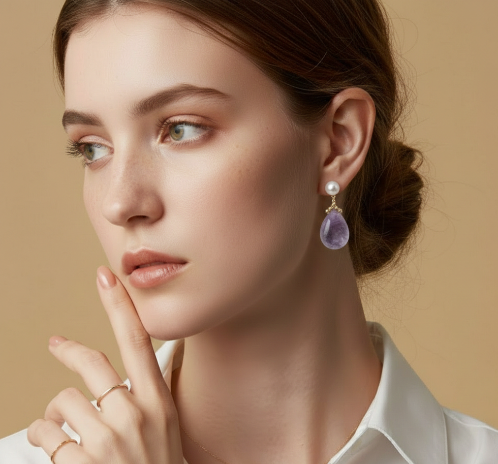 Natural Freshwater Pearl & Amethyst Drop Stud Earrings -