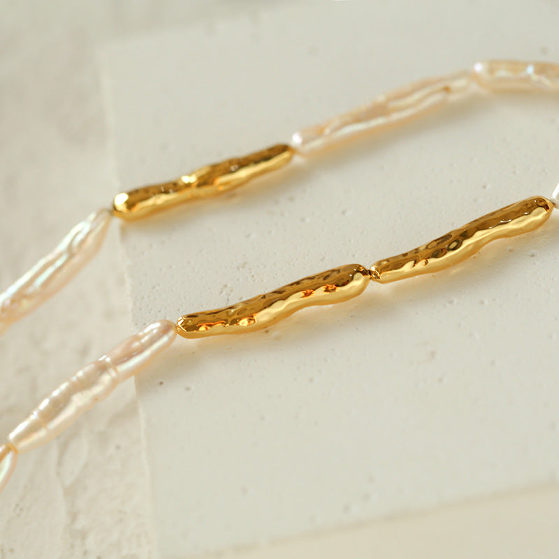 Gold-Plated Baroque Stick Pearl Necklace – Adjustable 40–45cm