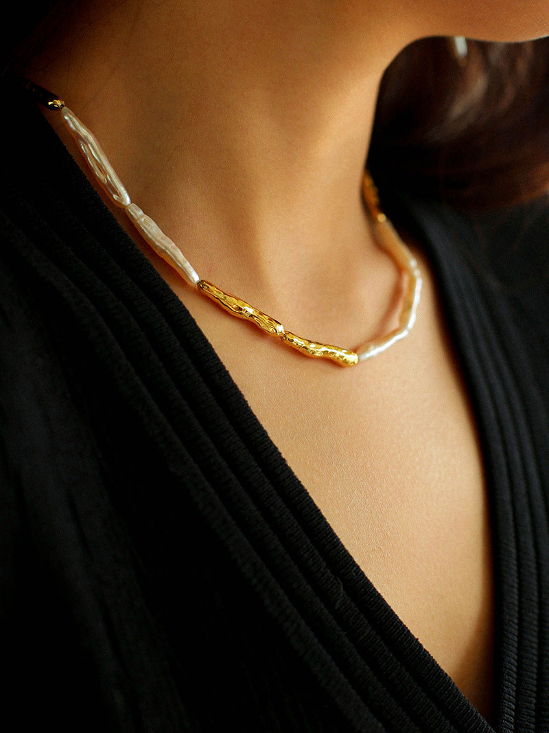 Gold-Plated Baroque Stick Pearl Necklace – Adjustable 40–45cm