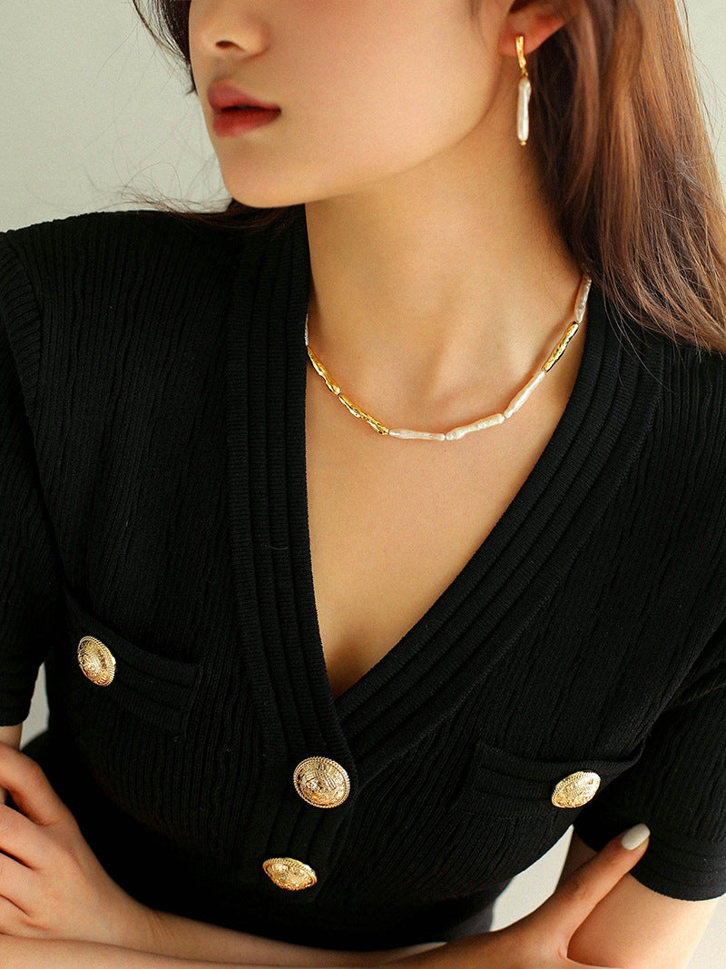 Gold-Plated Baroque Stick Pearl Earrings