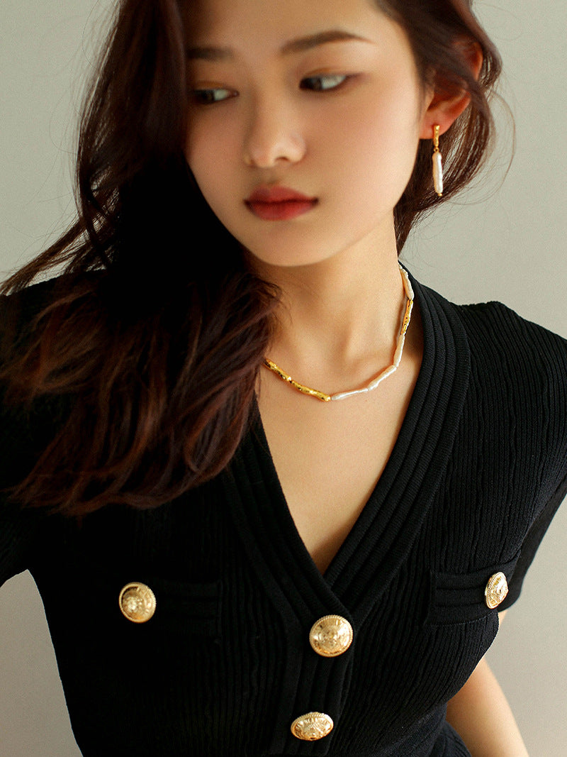 Gold-Plated Baroque Stick Pearl Necklace – Adjustable 40–45cm