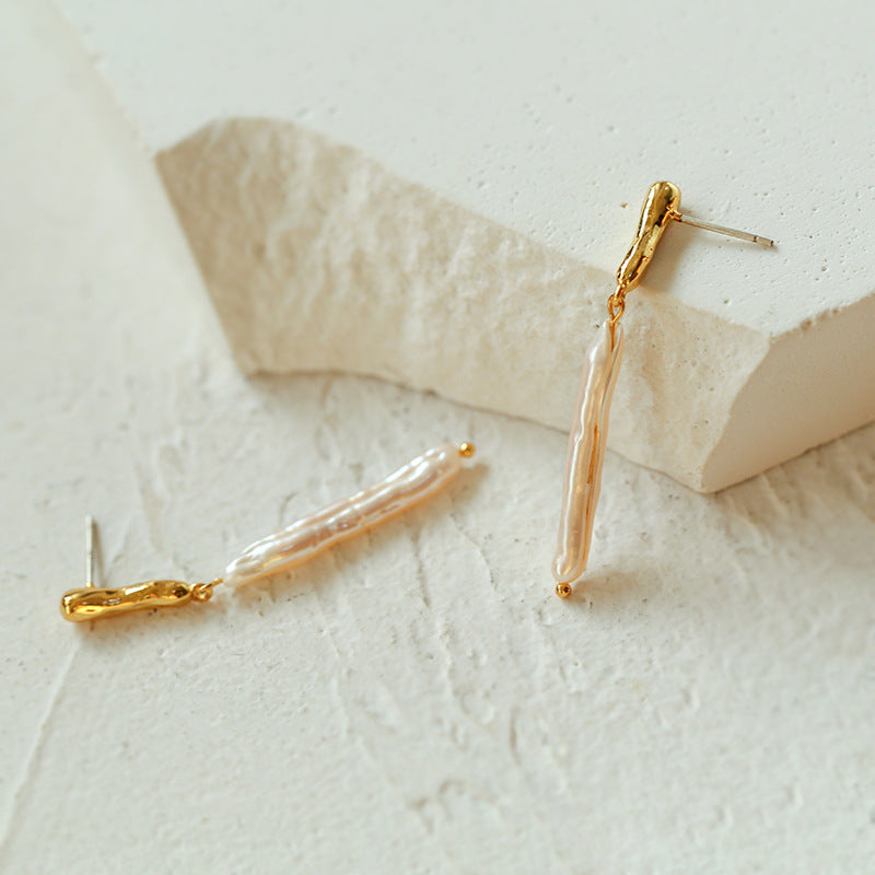 Gold-Plated Baroque Stick Pearl Earrings