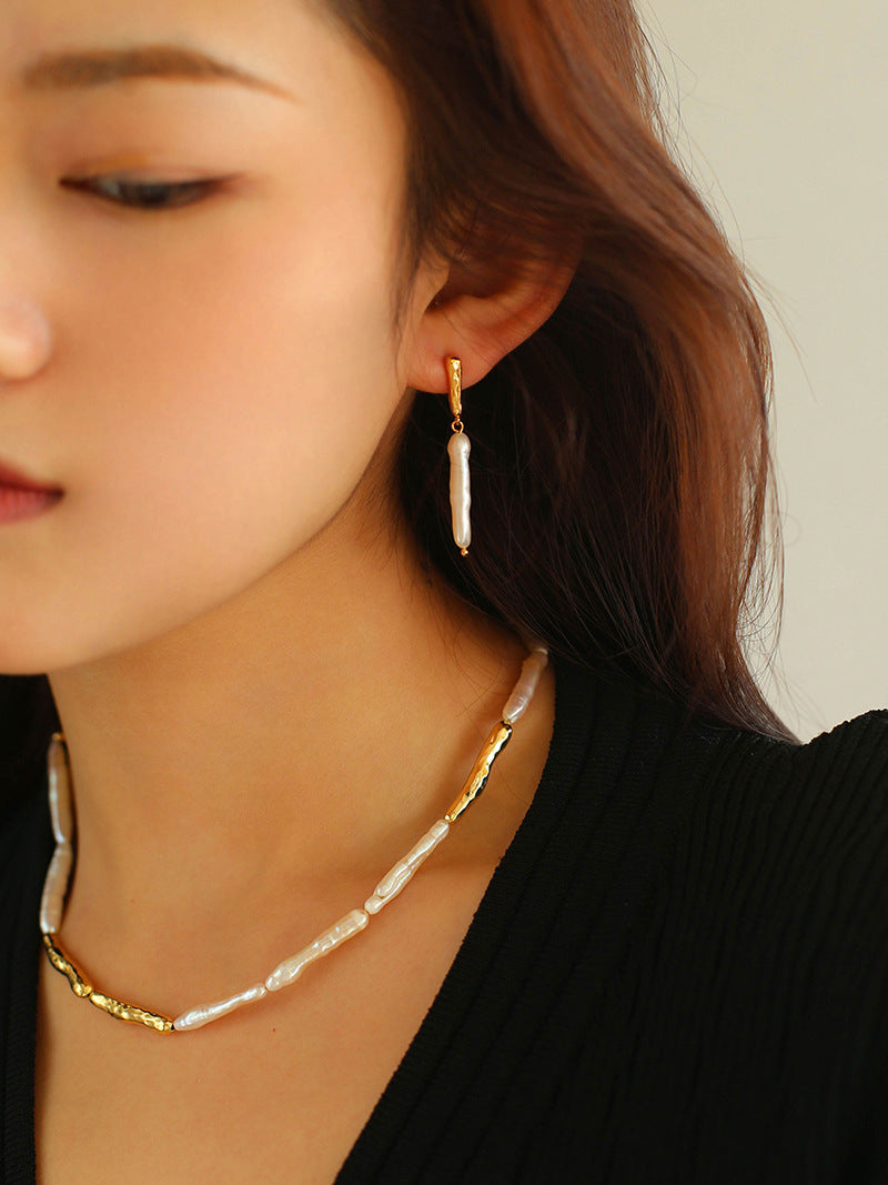 Gold-Plated Baroque Stick Pearl Earrings