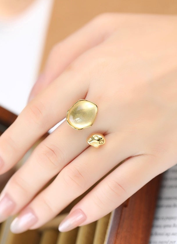 Citrine Open Ring – Adjustable Gold-Plated Sterling Silver 925 Yellow Gemstone Ring