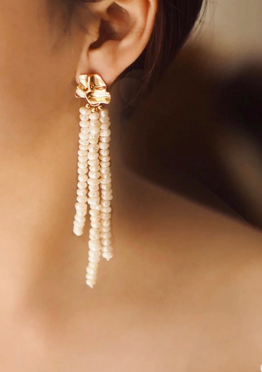 Vintage Baroque Pearl Tassel Earrings | Natural Freshwater Pearls & Gold-Plated Brass
