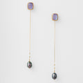 Iridescent purple shell and black freshwater pearl long chain earrings in 925 silver, elegant handcrafted design