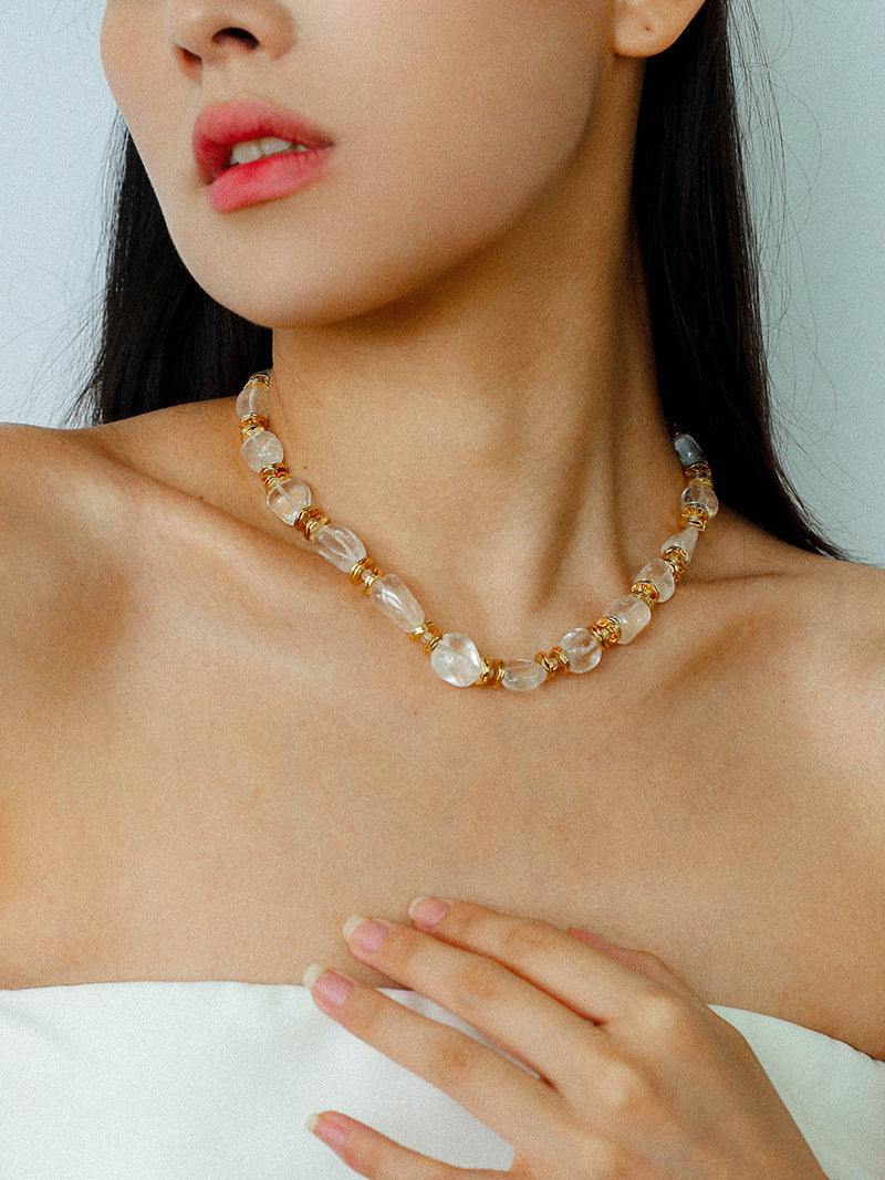 Irregular White Crystal Bead Necklace | 18K Gold-Plated