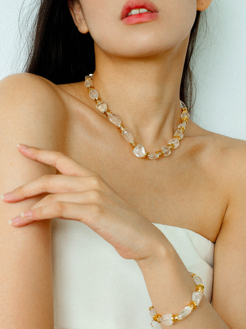 Irregular White Crystal Bead Necklace | 18K Gold-Plated