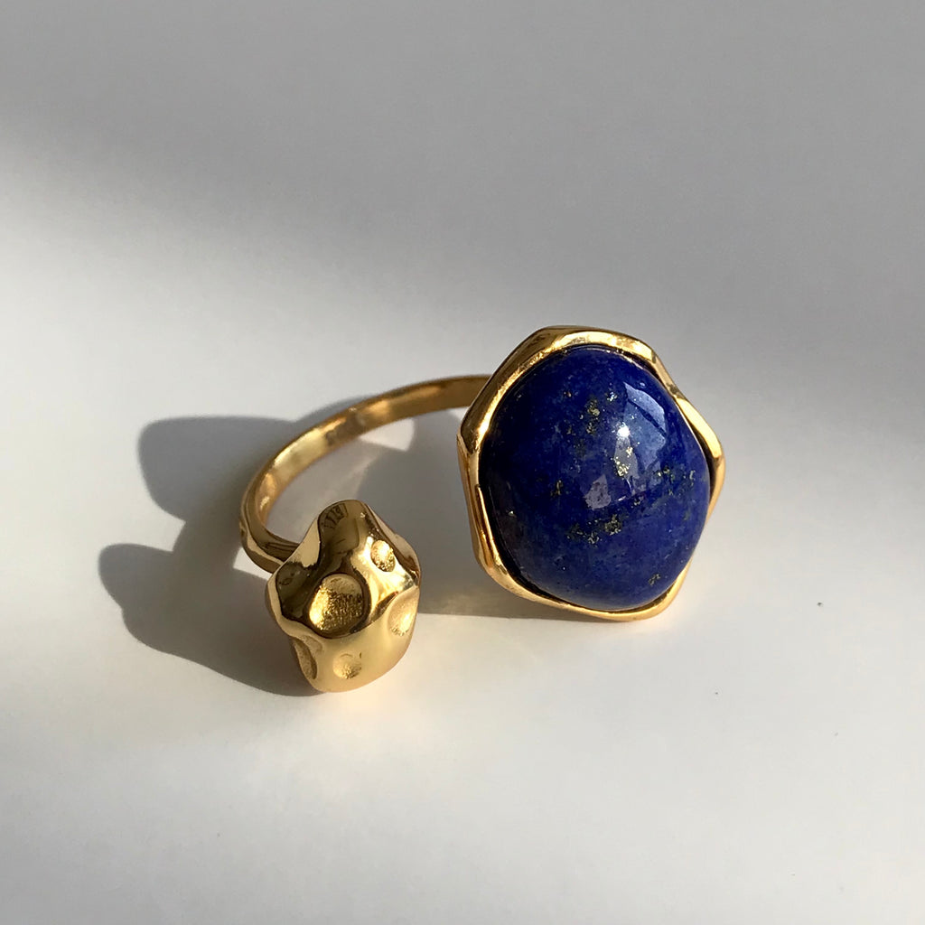Asymmetric Lapis Lazuli ring in sterling silver with natural blue gemstones