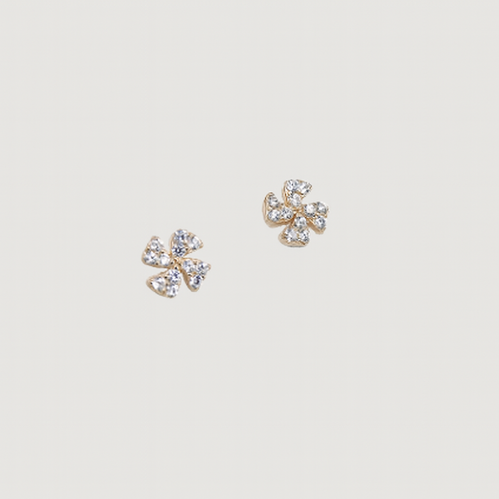 Lucky Clover Zircon Stud Earrings – 14K Gold Plated 925 Sterling Silver
