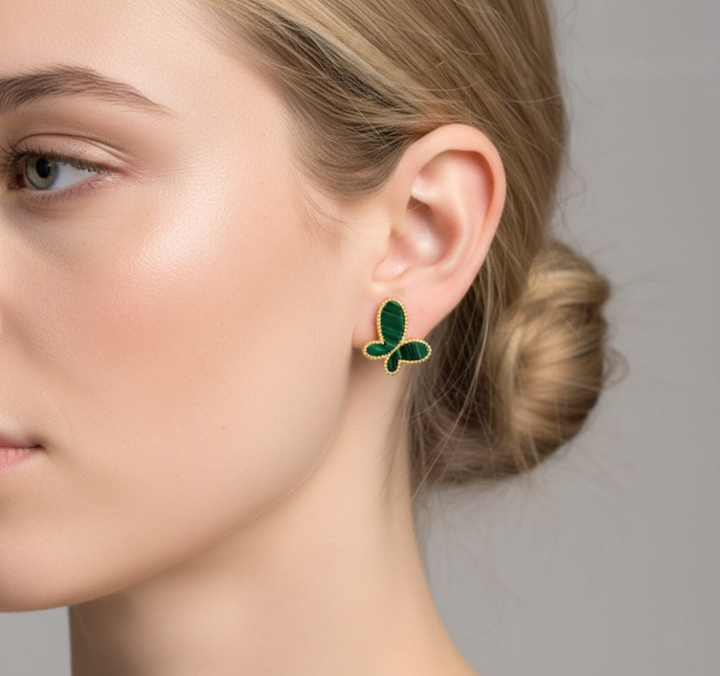 Malachite Butterfly Stud Earrings – 22K Gold Plated