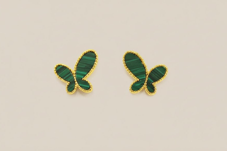 Malachite Butterfly Stud Earrings – 22K Gold Plated