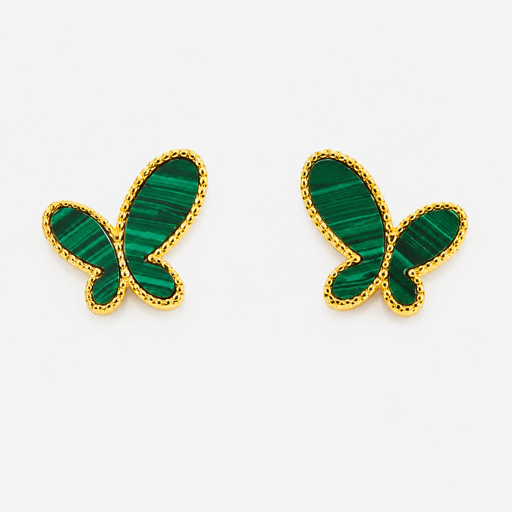 Malachite Butterfly Stud Earrings – 22K Gold Plated