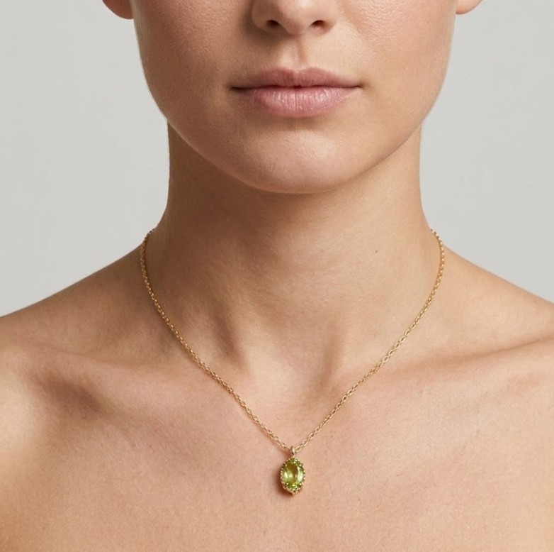 Marquise-Cut Peridot Necklace on the neck