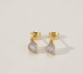 Gold earrings with Labradorite in a light gray background