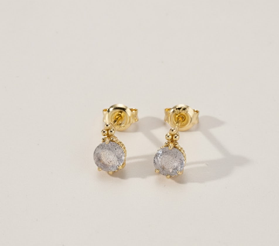 Gold earrings with Labradorite in a light gray background