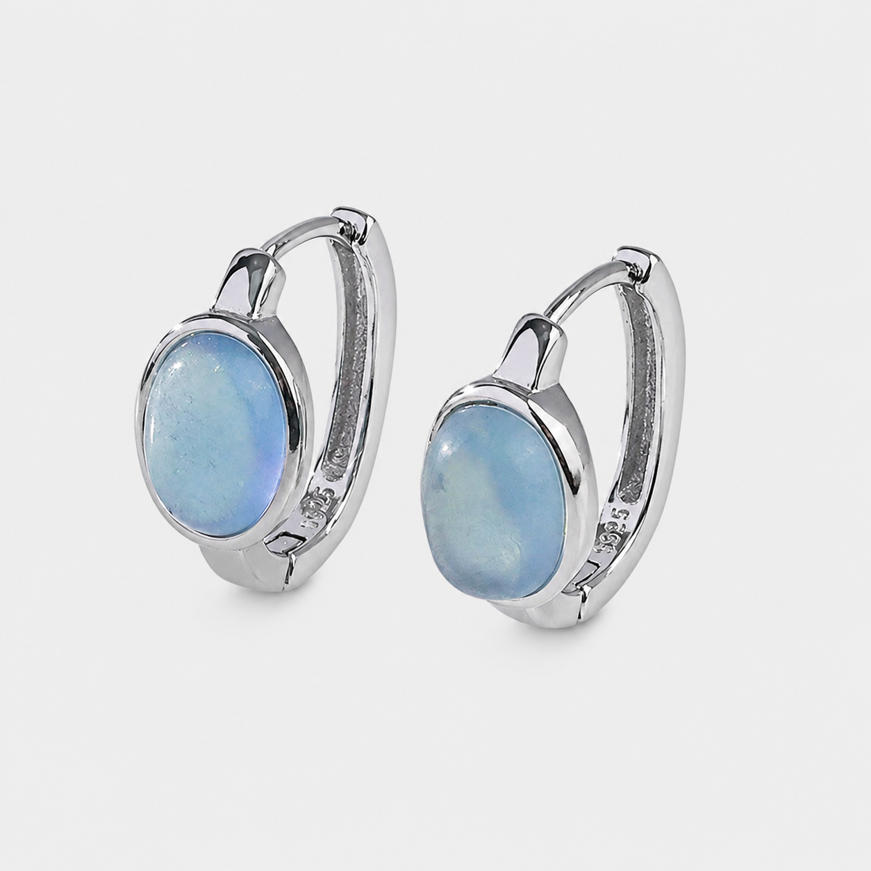 Natural Aquamarine Huggie Hoop Earrings | 925 Sterling Silver Oval Hoops