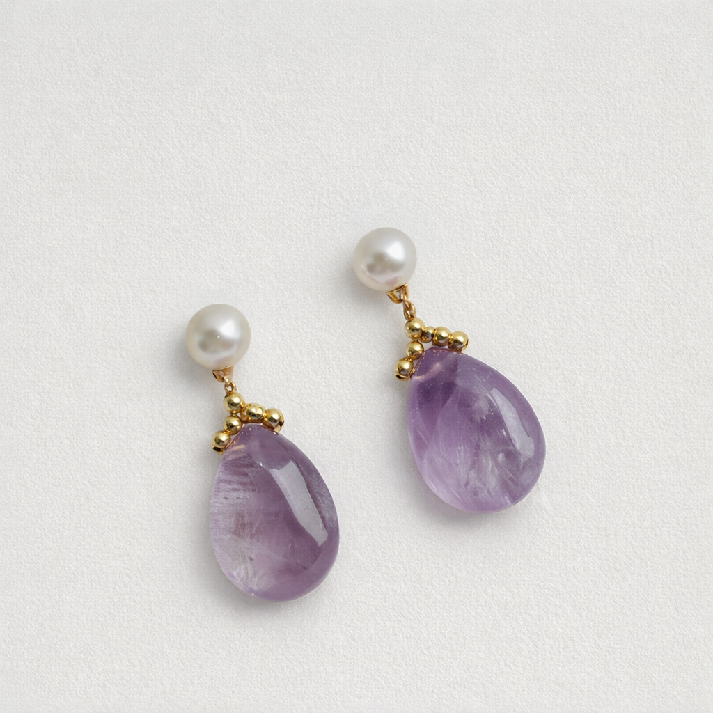 Natural Freshwater Pearl & Amethyst Drop Stud Earrings -