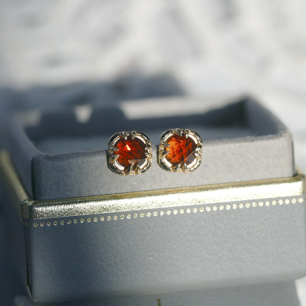 Natural Garnet Stud Earrings — Gold-Plated 925 Silver