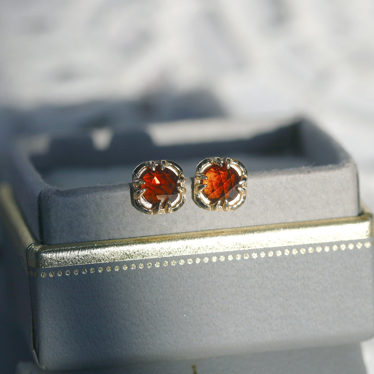 Natural Garnet Stud Earrings — Gold-Plated 925 Silver