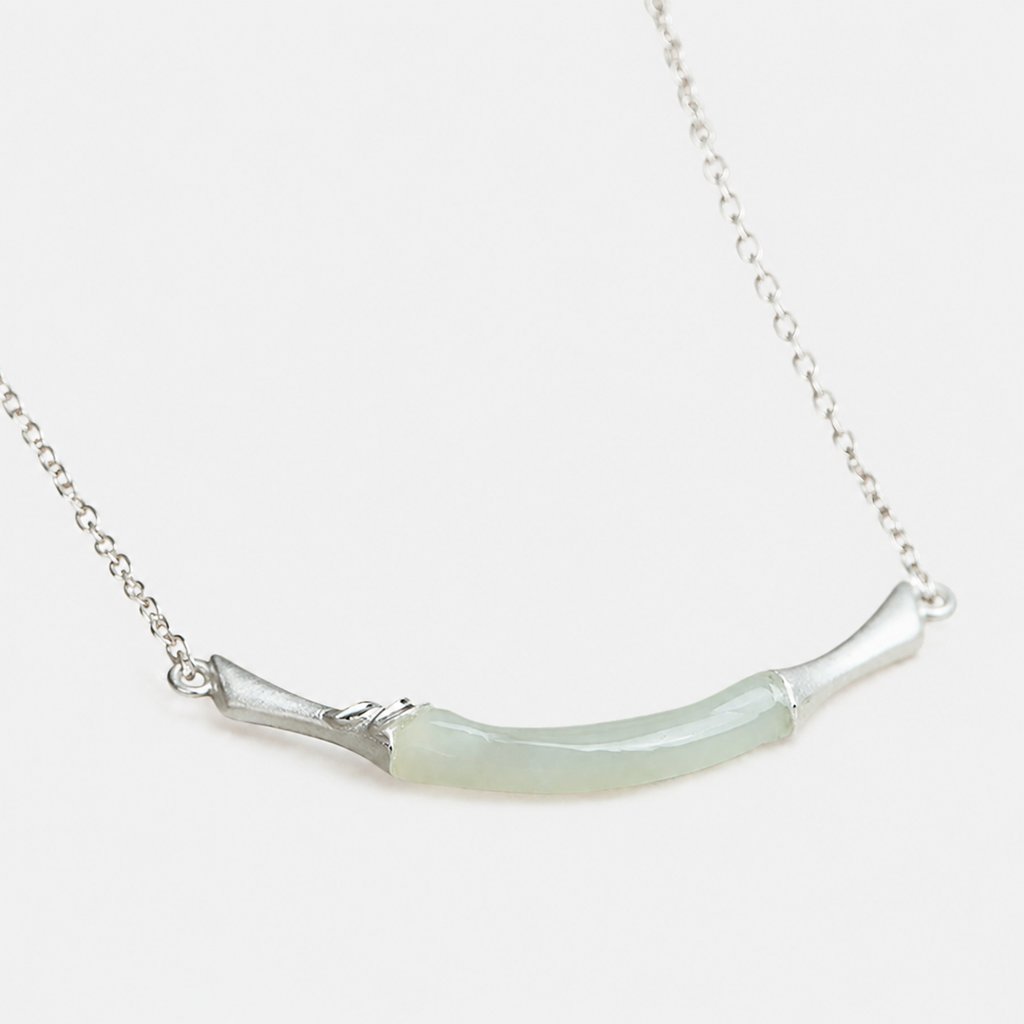 Natural Jade Bamboo Necklace in Sterling Silver