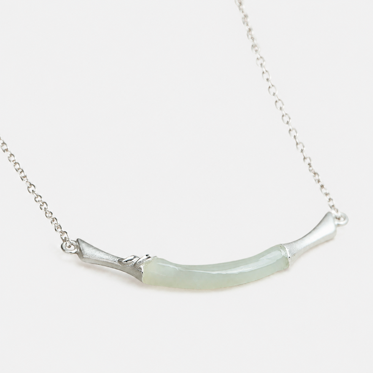 Natural Jade Bamboo Necklace in Sterling Silver