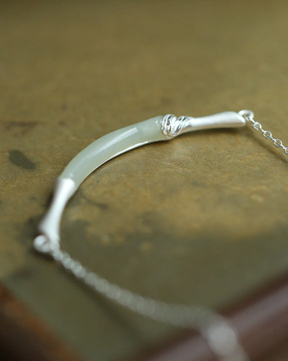 Natural Jade Bamboo Necklace in Sterling Silver