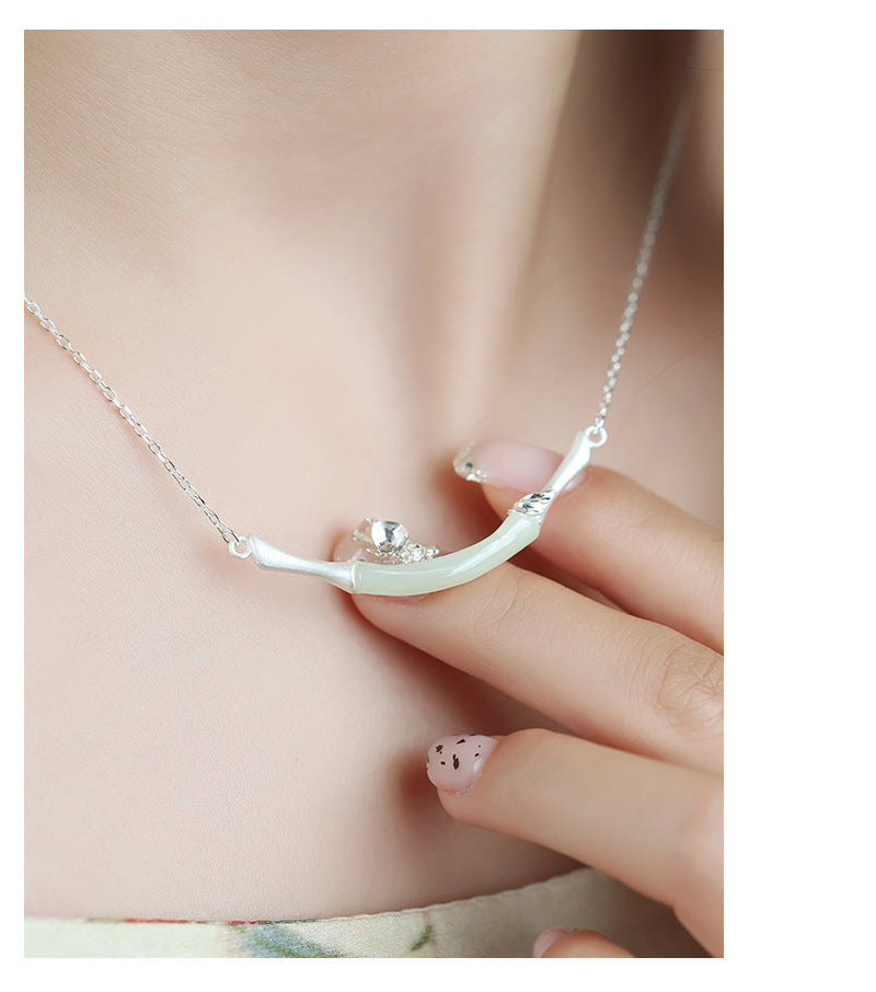 Natural Jade Bamboo Necklace in Sterling Silver