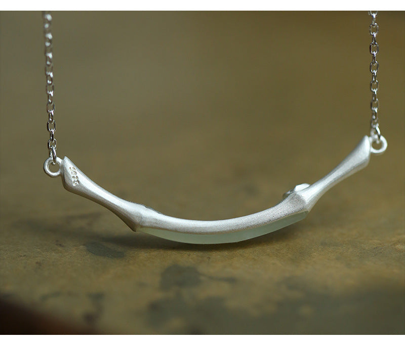 Natural Jade Bamboo Necklace in Sterling Silver