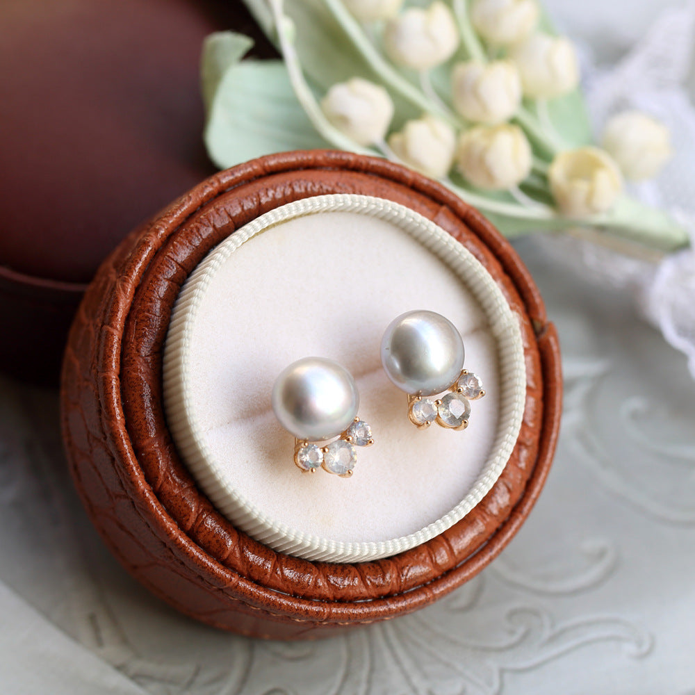 Natural Labradorite & Grey Freshwater Pearl Stud Earrings