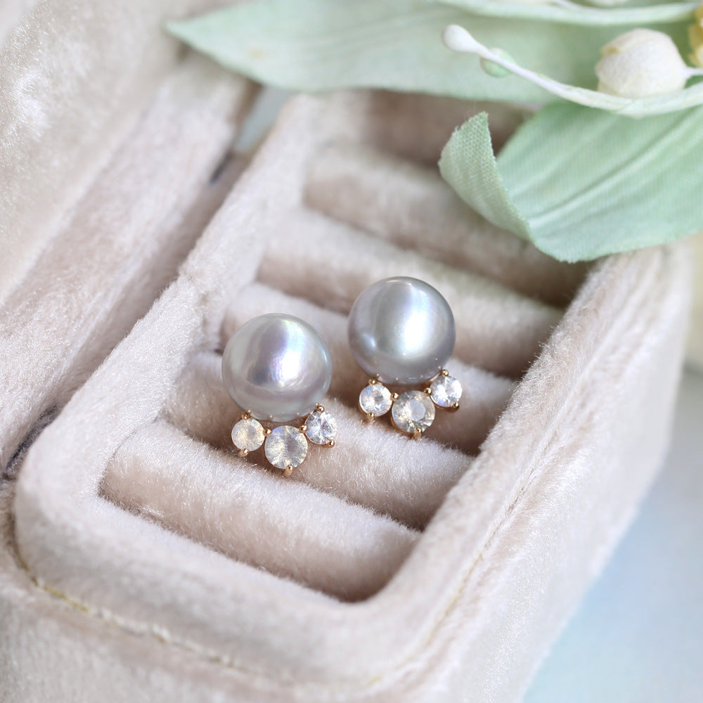 Natural Labradorite & Grey Freshwater Pearl Stud Earrings