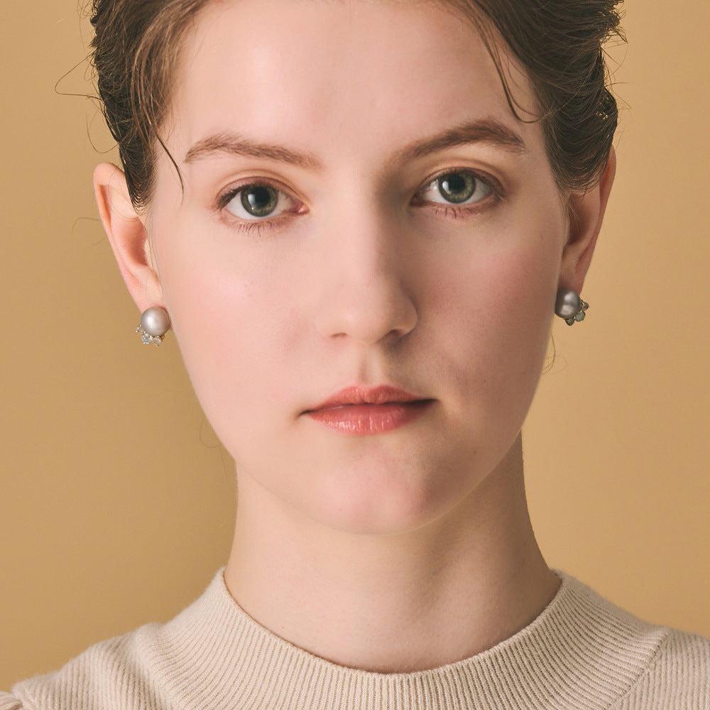 Natural Labradorite & Grey Freshwater Pearl Stud Earrings