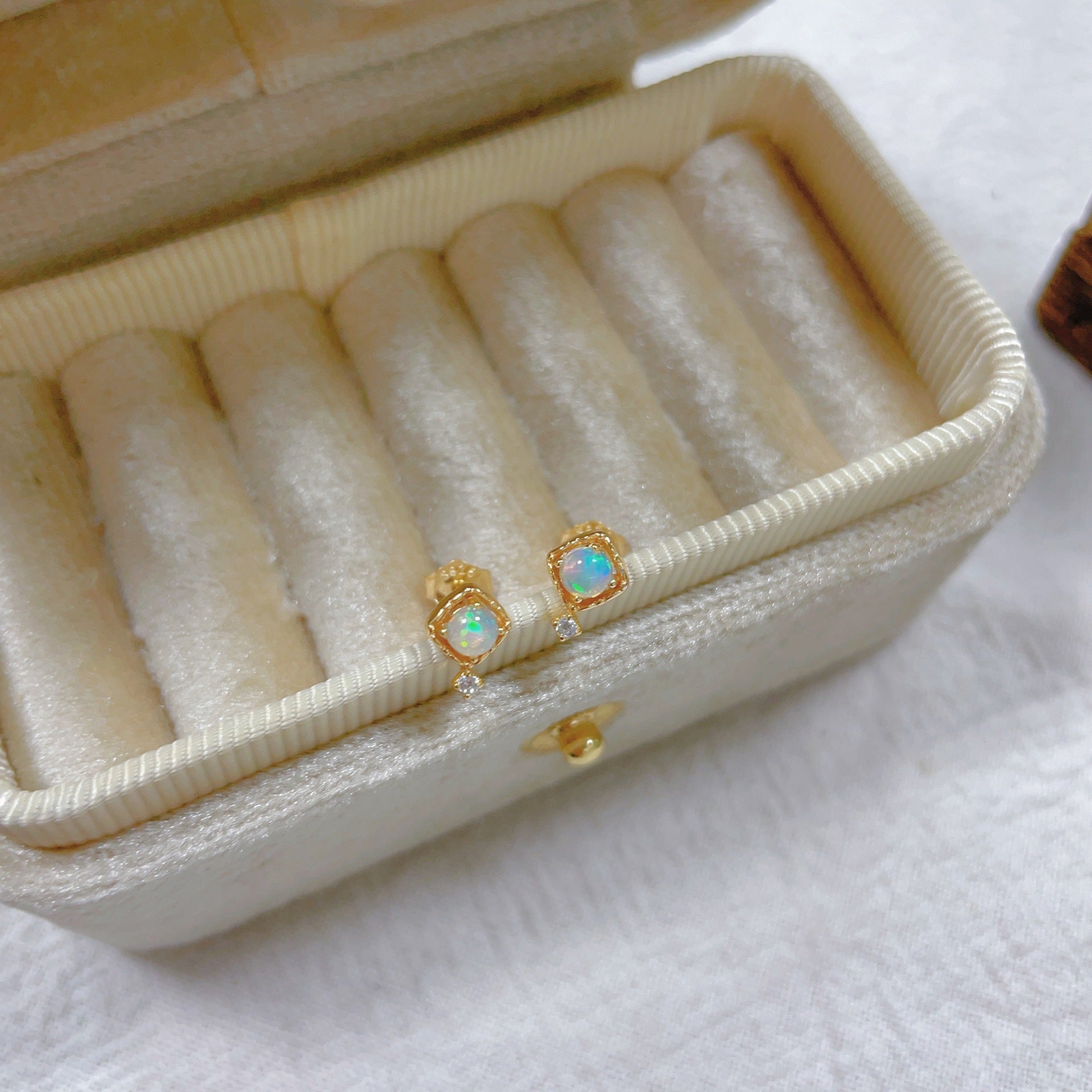Natural Opal Geometric Stud Earrings in Gold Plated Silver