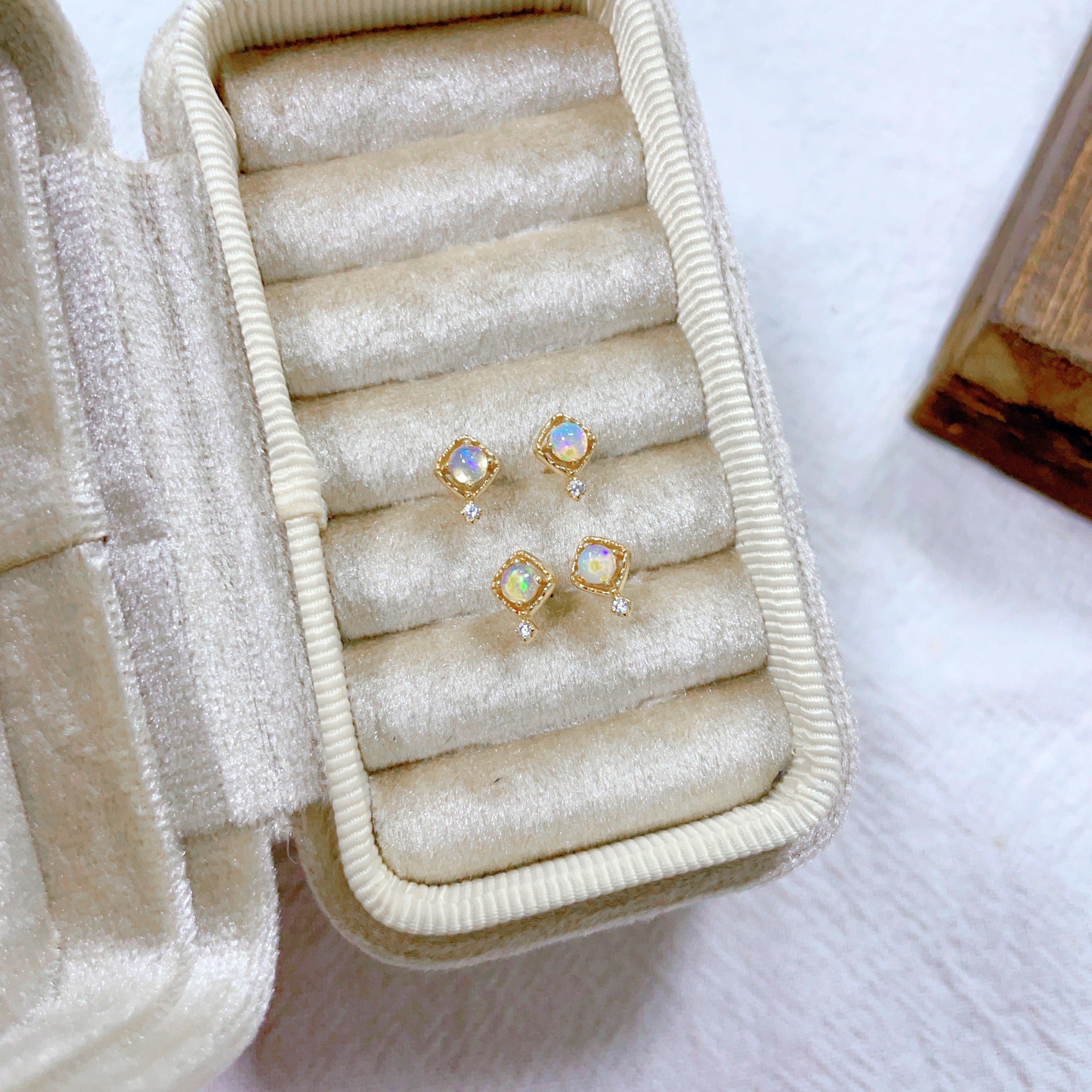 Natural Opal Geometric Stud Earrings in Gold Plated Silver