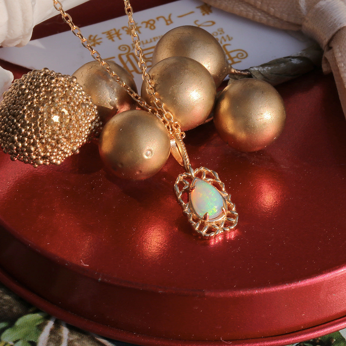 Natural Opal Pear-Shaped Filigree Pendant in Gold Plated Silver