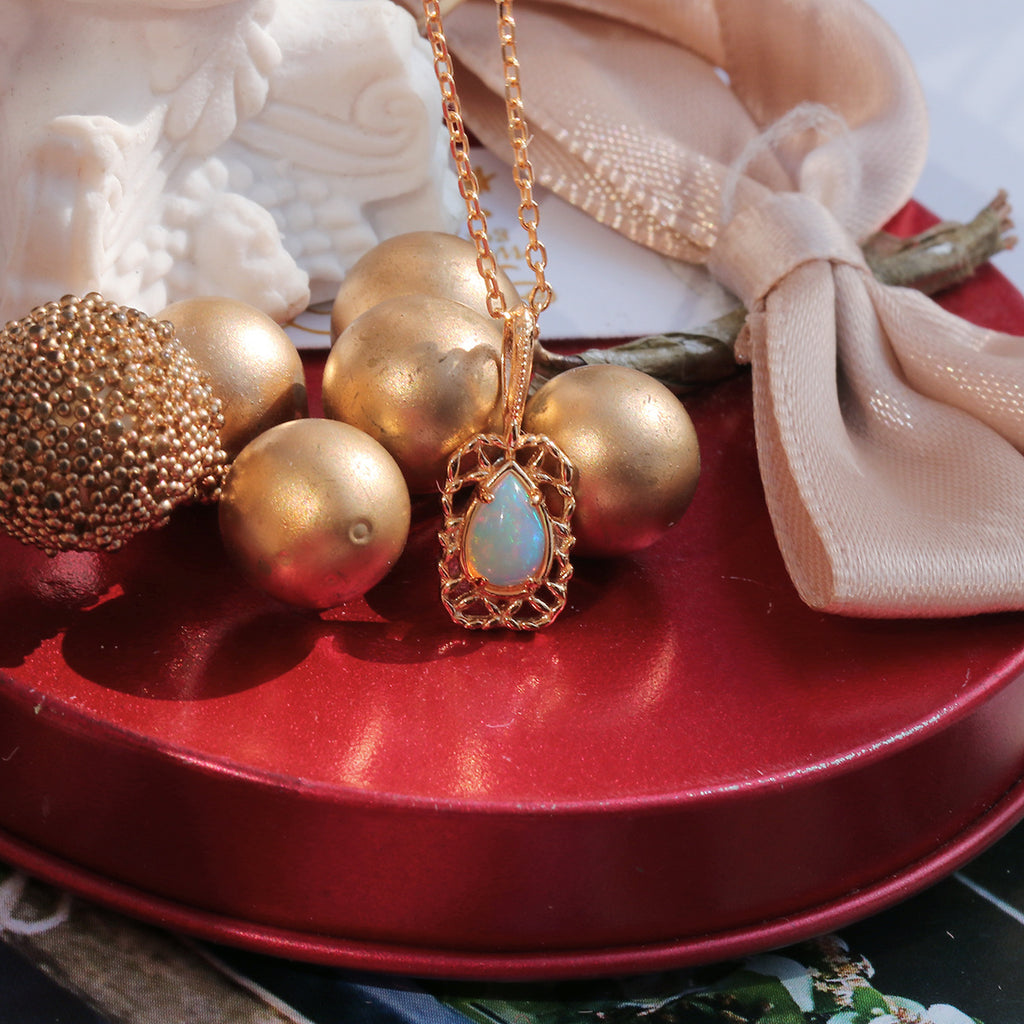 Natural Opal Pear-Shaped Filigree Pendant in Gold Plated Silver