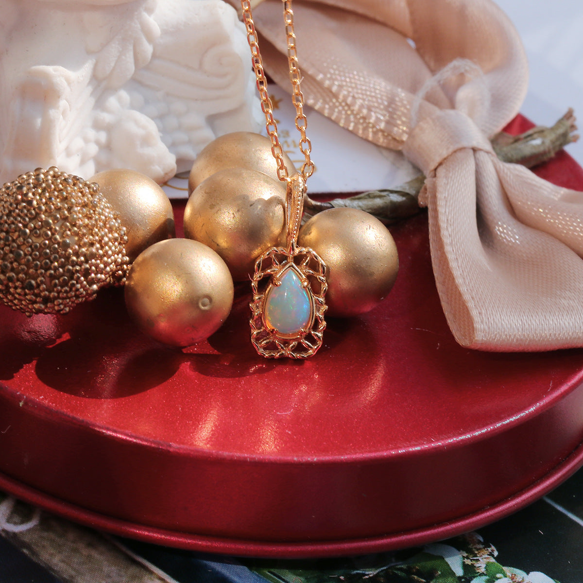 Natural Opal Pear-Shaped Filigree Pendant in Gold Plated Silver